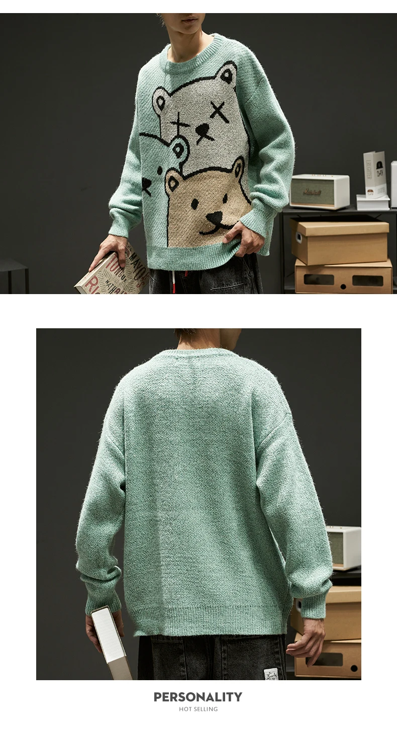 Luxury Large Cartoon Bear Pattern Mens Knitted Sweater Streetwear O-Neck  Slim Long Sleeved Pullover Sweaters Korean Men Clothes - AliExpress