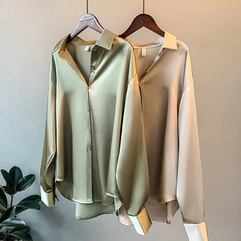 Women Button up Satin Silk White Shirt Tops Lady Long Sleeve Office V Neck Satin Blouse Vintage Satin Turn-down Collar Blouse