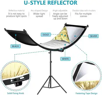 Neewer Clamshell Light Reflector Diffuser with 2M Light Stand and Carrying Bag, 66*24/155x61cm Photography Curved Lighting Refle detail image