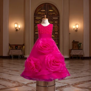 New Girls' Walking Dress Long Pearl Big Flower Princess Skirt Suitable for 4-12 Year Old Girl Piano Performance Clothes for Kids