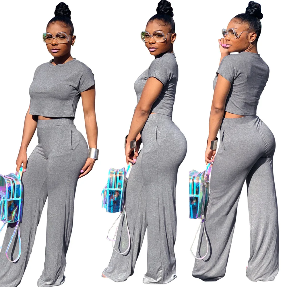 Summer plain crop top jumpsuit casual two piece set women clothing Alibaba