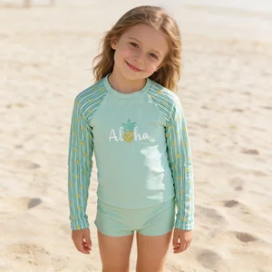 Girls' Long-Sleeve Rash Guard Set Cross-Shoulder Pineapple Stripe UV-Protective Breathable Quick-Dry Waist Toddler Family Beach