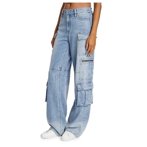 Wholesale Women High Waist Patch Pocket Denim Jeans Zipper Closure Baggy Denim Cargo Pants