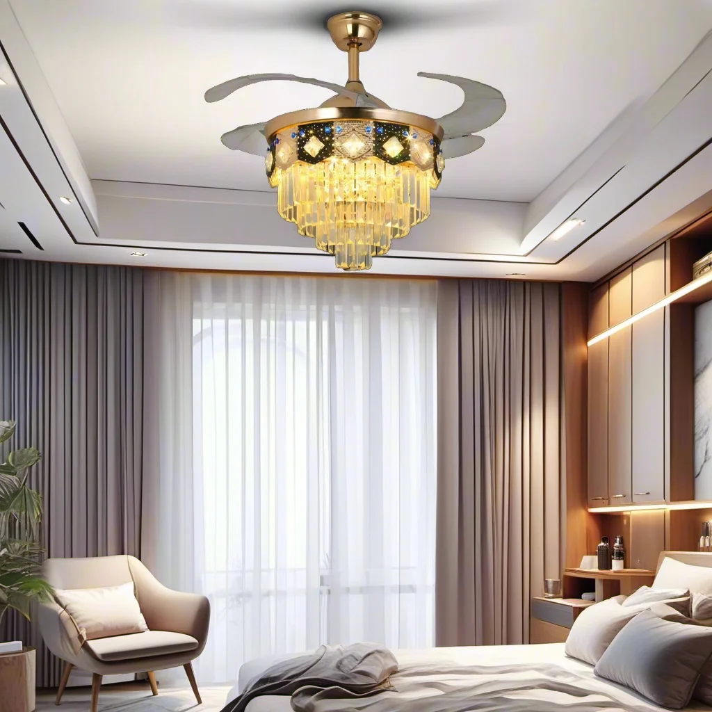 European Crystal Ceiling Fan Light Fixture Fandelier with LED Remote 6-Speed Reversible DC Motor Living Room Decorative Lighting