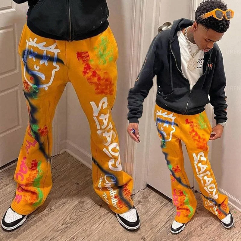 Custom Heavyweight Flared Sweat Pants Oversized Graffic Printed Thick Fleece Cotton French Terry Flaired Sweatpants Men