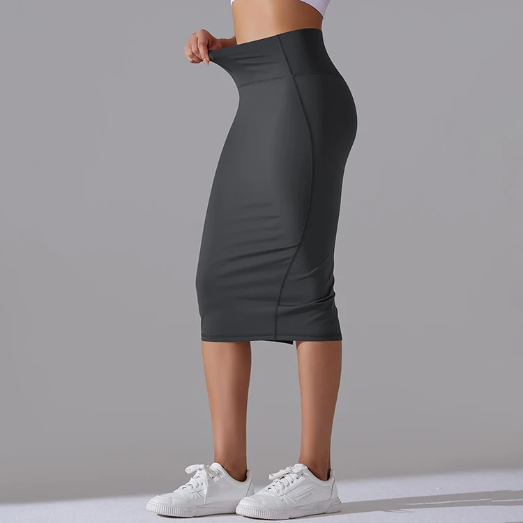 Women Girls Sexy Nude Feeling Mid-length Vent Package Hip Skirt Casual Solid Color High Waist Yoga Dress