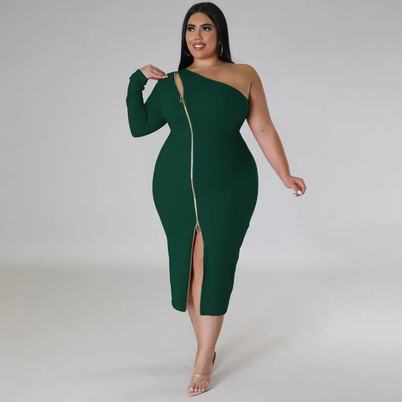 Top Selling Products Plus Size Women's Clothing Sexy off Shoulder One  Sleeve Slit Zipper Dress