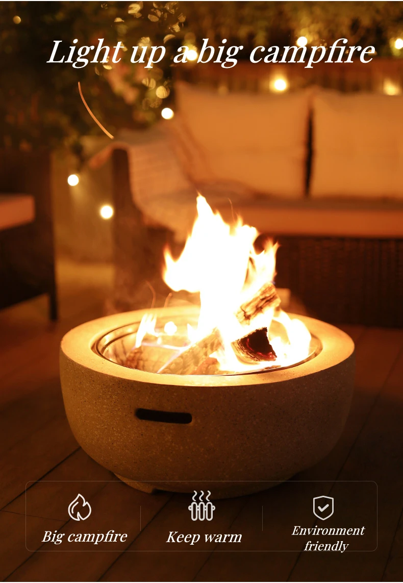 Magnesium Oxide Stone MgO Movable Fire Pit with Cover Grill Wood-Burning Fire with Spark Screen and Poker for Backyard and Patio