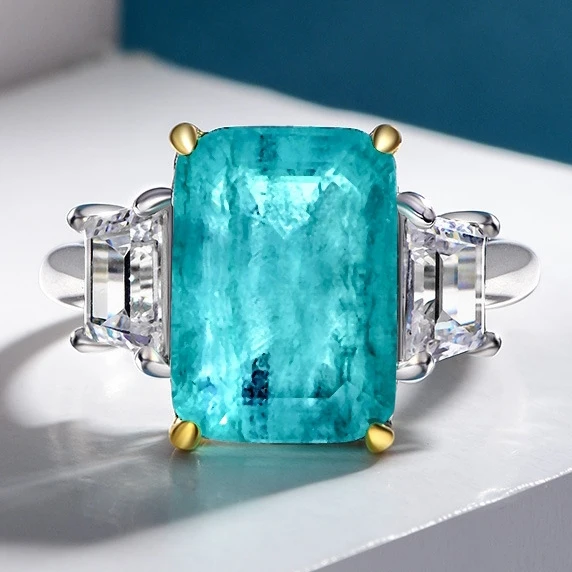 MUSHAN Jewelry Factory 925 Sterling Silver Fine Rings Synthetic Paraiba Rectangular 8ct Blue Gemstones Ring for Anniversary Gift