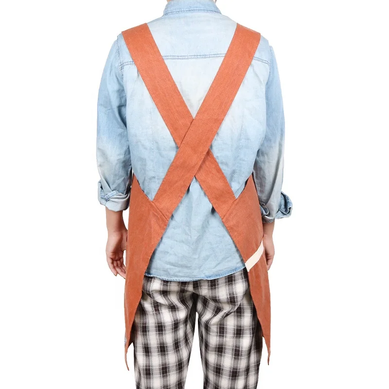 CHANGRONG Custom Japanese Style Cross Back Cotton Linen Sleeveless Garden Bib Apron with Pockets for Cleaning
