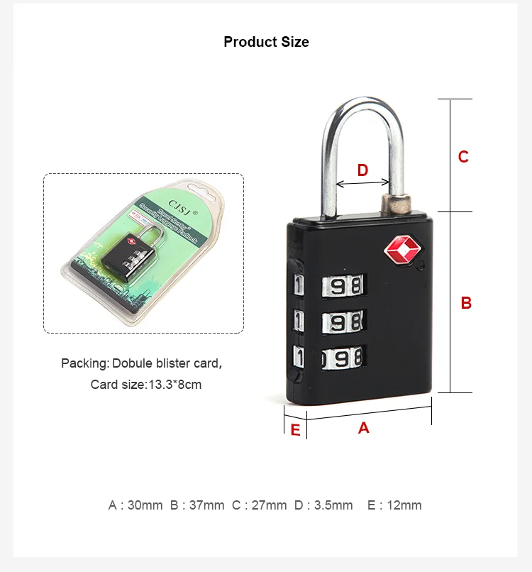 Durable 3 Digit Combination Password Coded Zinc Alloy Padlock TSA Travel Lock
