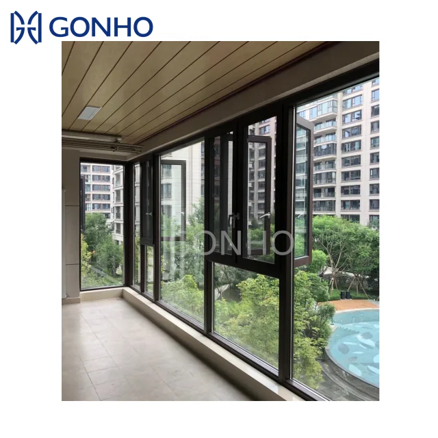 GONHO Custom -Made House Window Opening 180 Degree Aluminum  Black Folding Casement windows With Security Mesh