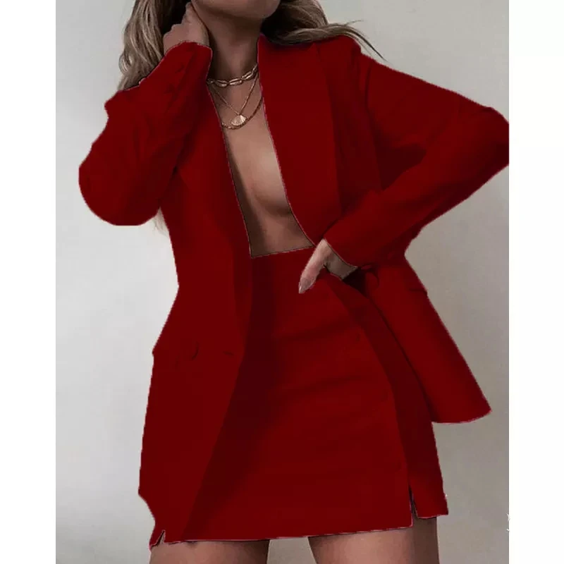 BL302 New 2022 Fasion trend Plus Size Solid Color Women Office Blazers And Dress Two Piece Set