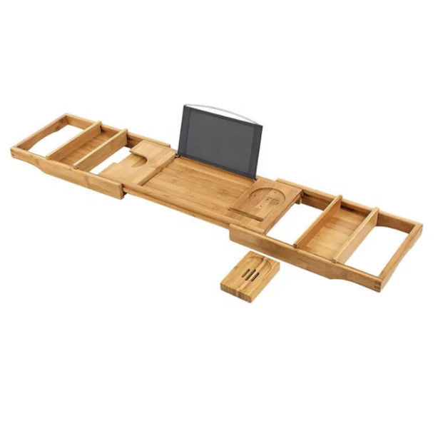 Wholesale Luxury Bathtub Caddy Adjustable Extending Bamboo Tablet Book