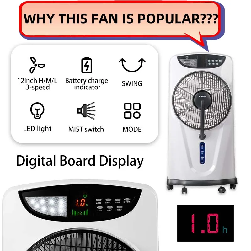 12 Inch Fan Rechargeable Mist Water Spray air Cooling Fan with Night Light
