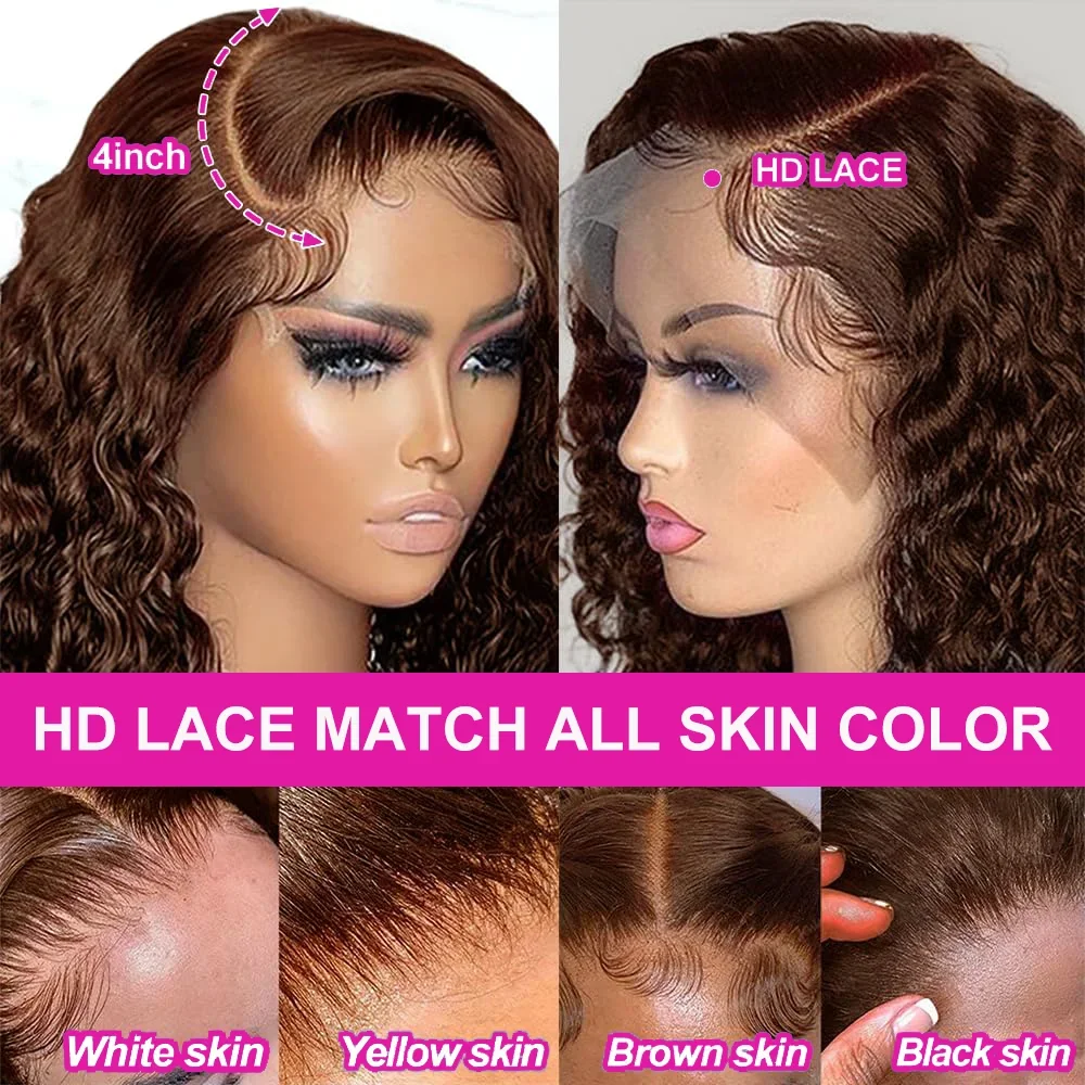 Perucas de cabelo brasileiro profundo cacheado bob cor marrom renda frontal parte livre transparente remy peruca de cabelo onda profunda para preto_voghion.com