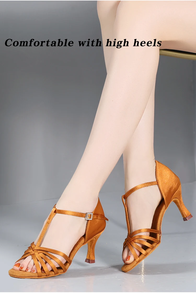 Female Adult Medium High Heel Dancing Shoes Dark Skin Satin Cowhide