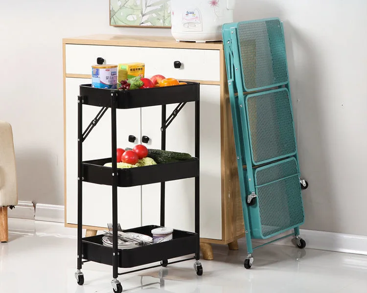 Folding Trolley Rack Floor Movable 3-storey Kitchen Basket Storage Rack Home Snack Storage Rack details