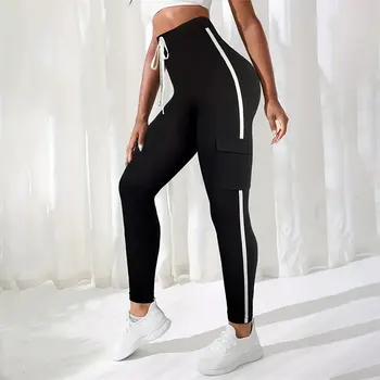 Women Gym Fleece Sports Drawstring Sweatpants Knitted Leggings Large Pocket Ribbon Contrast Sweater Tights Pants
