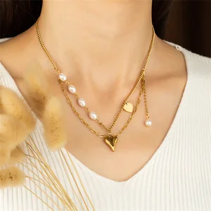 Personalize Fashion Clavicle Chain Stainless Steel Gold Plated Jewelry Women Pendant Retro Double Layered Necklace