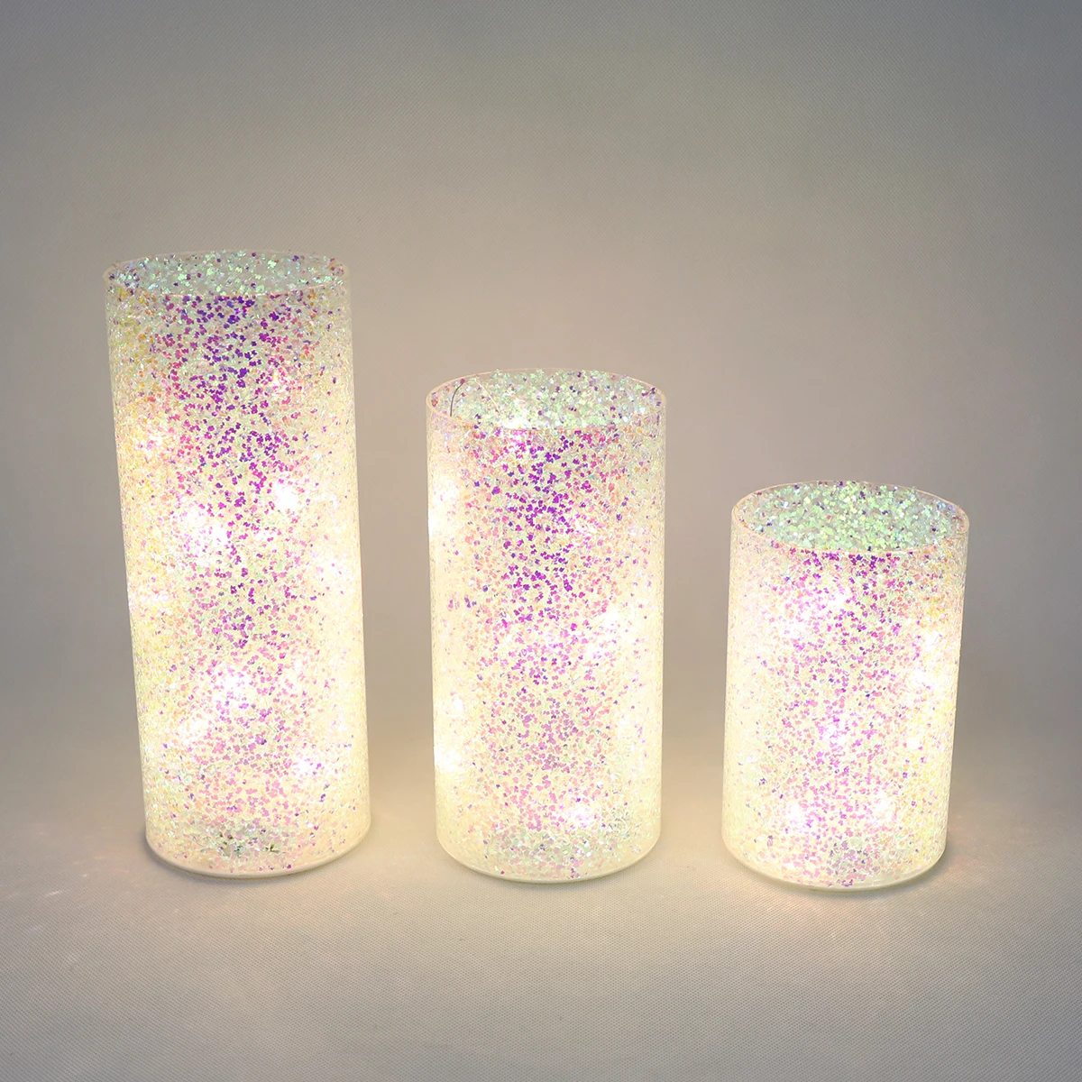 Christmas home decorative battery powered glass cylinder table lamp set of 3 sparkle sequins hurricane light for sale