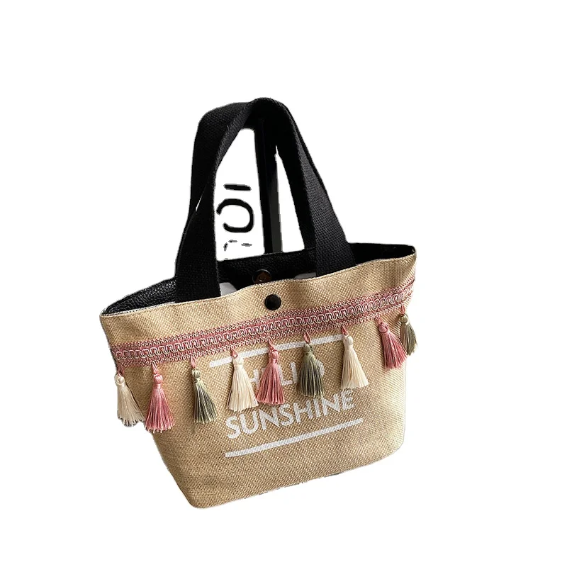 OEM Wholesale Drawstring Tote Black Custom Logo Small Print Eco Friendly Shopping Linen Burlap Jute Bag