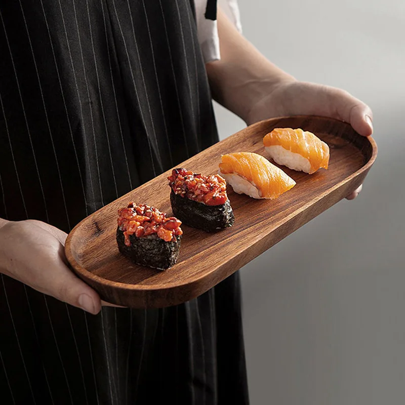 Breakfast Sushi Snack Bread Dessert Cake Wood Serving Tray Square Rectangle Breakfast Sushi Dessert Cake Plate Easy Carry Grooved Handle