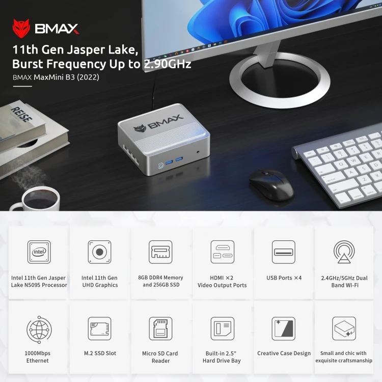 BMAX B3 2022 - Mini PC with 8GB RAM, 256GB SSD, Win11