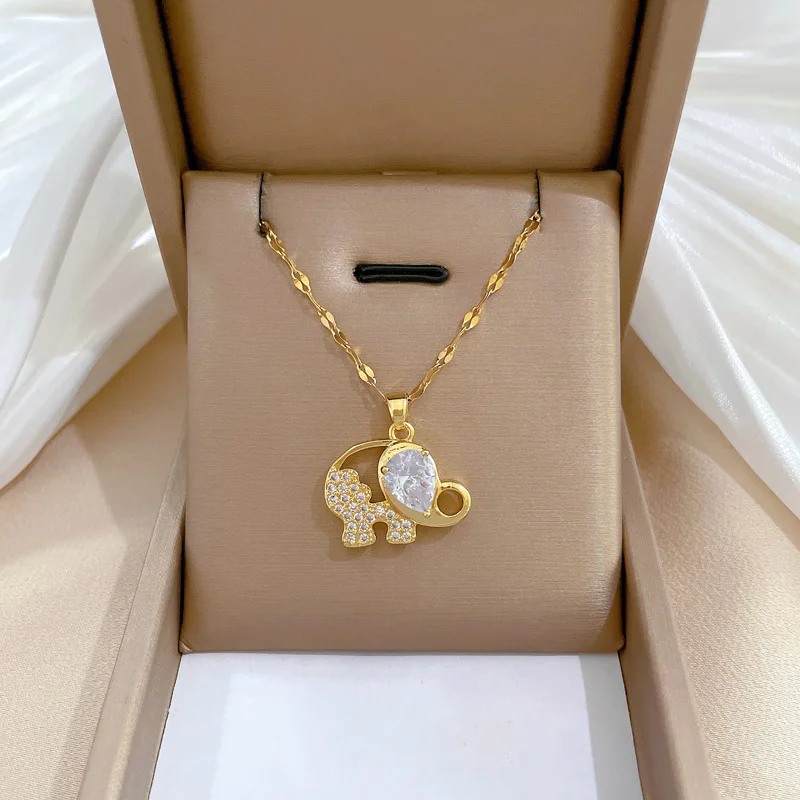 Diamond Zircon Elephant Pendant New Fashion Simple 18K Gold Stainless Steel  Collar Chain Bling Elephant Necklace