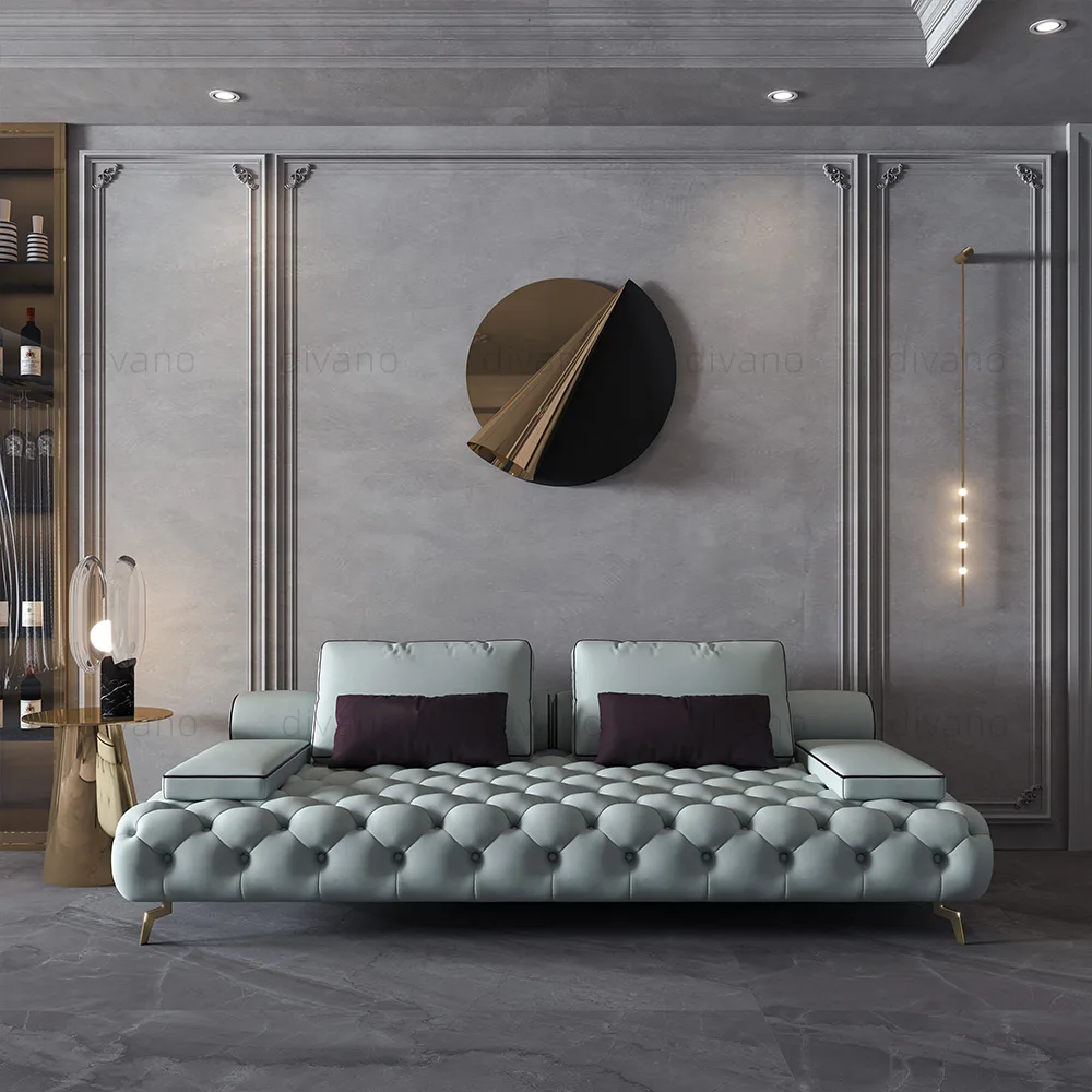Leather Button Sofa 3 Seater Leather Set Genuine Light Blue Luxury Chesterfield Premium Sofa Set Furniture Living Room