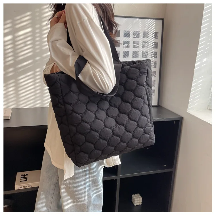 Women's Lightweight Quilted Puffer Tote Bag Cotton Padded Shoulder Handbag with Two Handles Open Closure