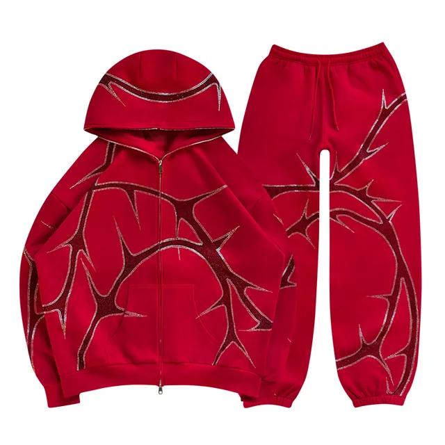 2024 autumn new street hot diamond zipper hooded sweatshirt suit for men and women