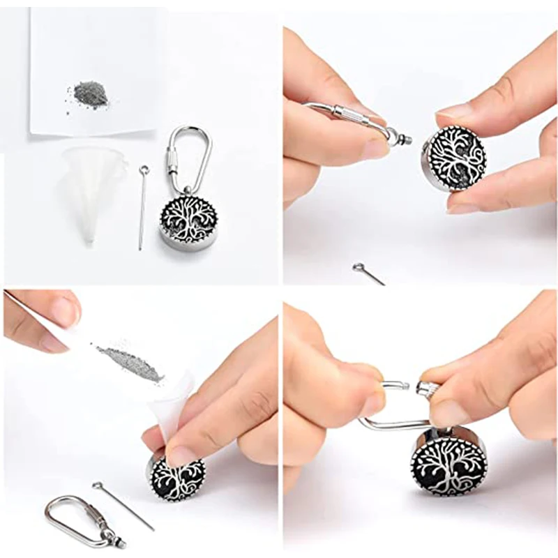 Cremation Jewelry Round Urn Keychain for Pet Ashes Stainless Steel Keepsake Urns Tree of Life Pendant Key Ring for Women Men