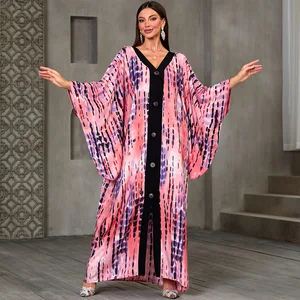 Beach Cover-up Rayon Decorative Buttons and Color-blocked Beach Caftan Long Dress