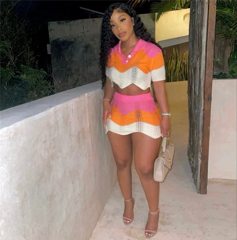 jarian 1941 Sexy Knitted Two Piece Set, Striped Mini