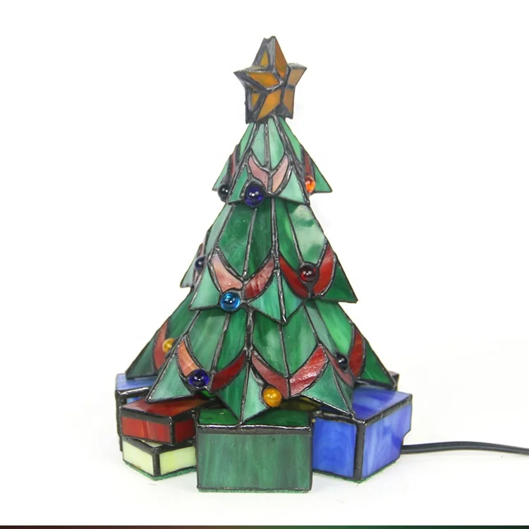 LongHuiJing Custom Made Hand Crafted Stained Glass Lamp Leaded Christmas Tree Lamps 9Inch Tiffany Style Christmas Decoration