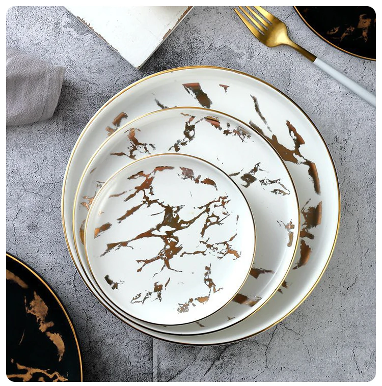 Wholesale Tableware Nordic Style Black Marble Design Dishes Round