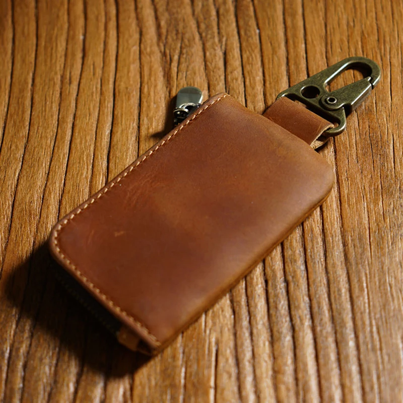 Genuine Leather Vintage Keychain Zip Type Holder Organizer Pouch Cowhide Car Wallet Housekeeper Key Case Mini Card Bag_voghion.com
