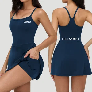 Women's Yoga One-Piece Seamed Dress with Removable Cups Color-Block Pleated Skirt High Elasticity Tennis Dress with Inner Short