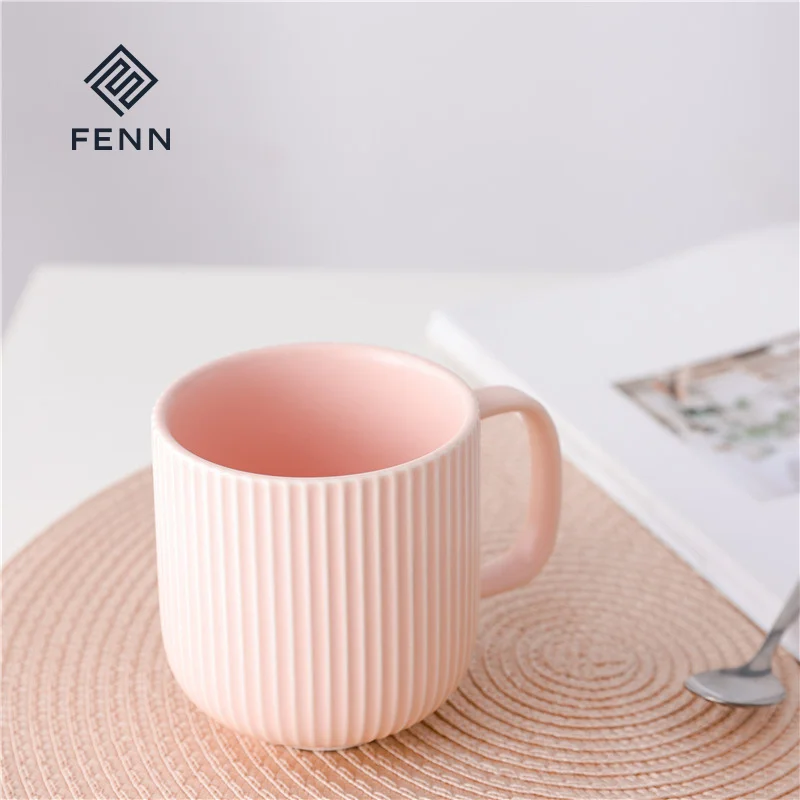 Home drinkware round striped matte pink porcelain teacups ceramic coffee mug set of 4 for gift or restaurant