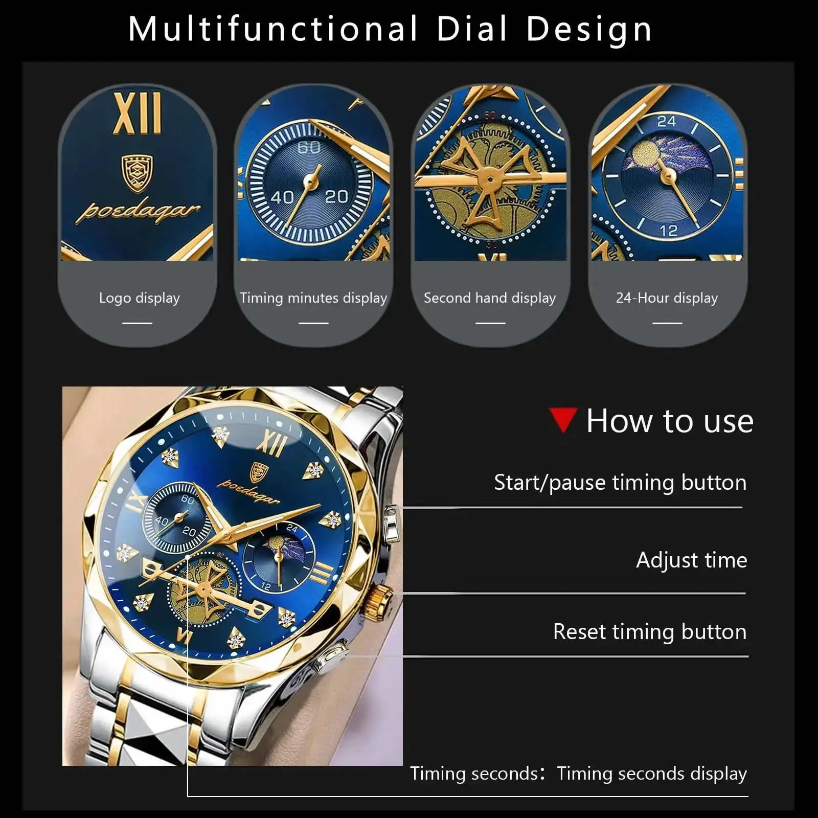 Poedagar 996 Luxury Chronograph Stainless Steel Quartz Watches Waterproof Luminous Men W aperçu 4