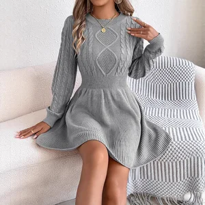 2025 Autumn-Winter New Women's Fashion Lantern-Sleeve Leisure Dress Solid Color All-Match Sweater Dress