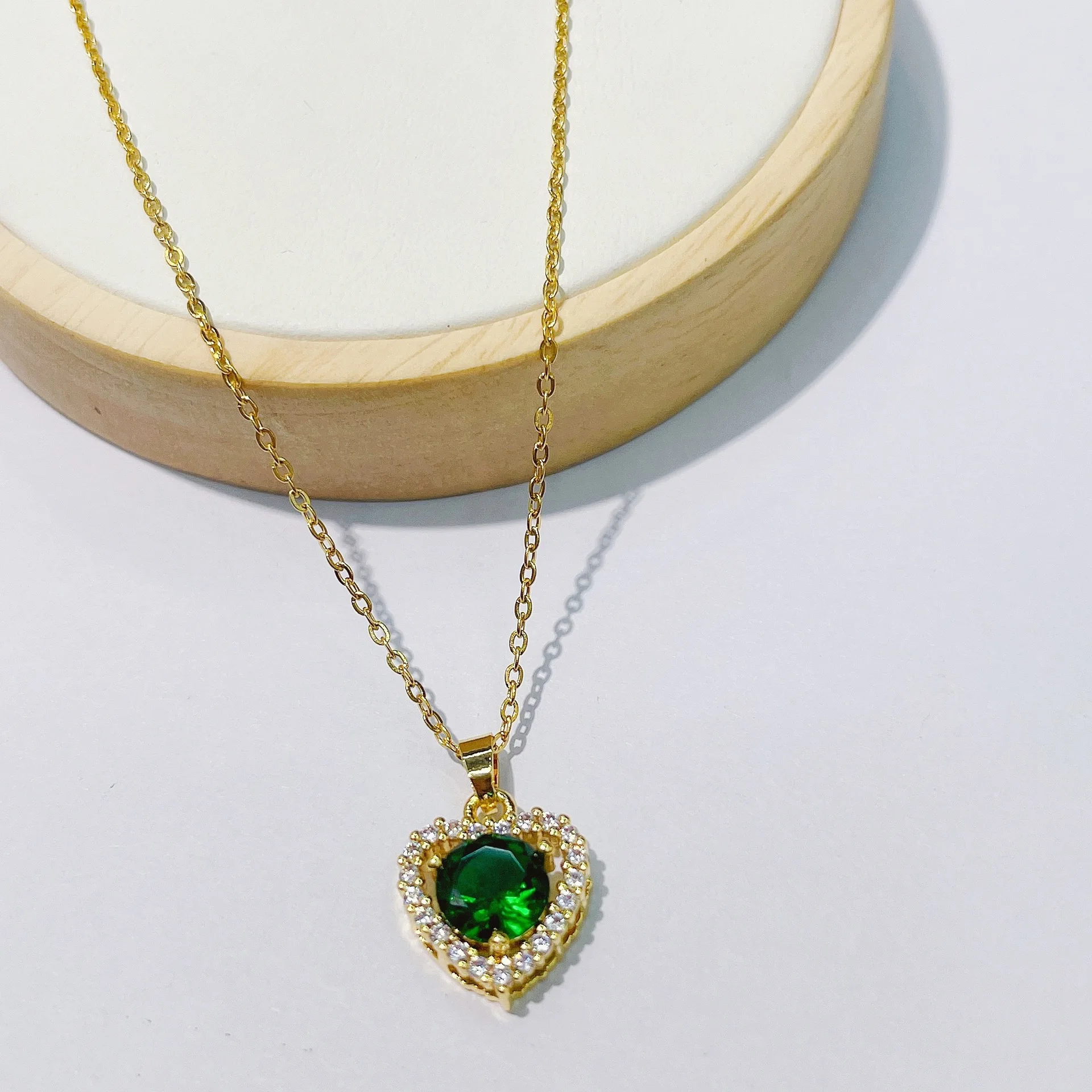 Gold Plated Colorful Available Red Sapphire pink Green Zircon Stone Heart Pendant Necklace for Women