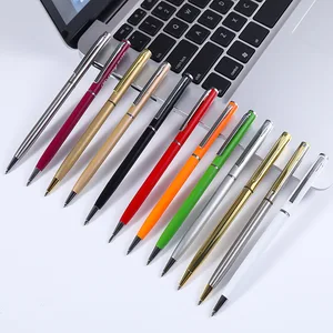 High Quality Popular Smooth Writing Slim Thin Twist Promotional Custom Logo Metal Ball Point Pen