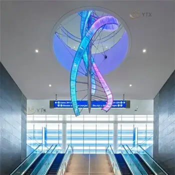 Custom office block indoor long ceiling light spiral RGB luxury crystal chandelier for center stair