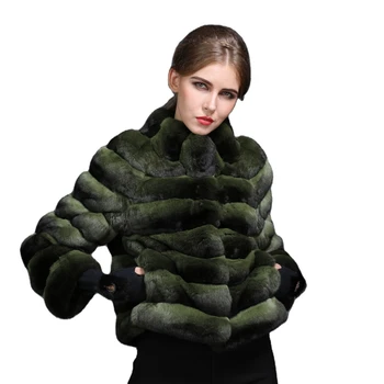 Green Chinchilla Fur Ladies Luxury Fur Coat Wear Short Length Elegant Warm Real Fur Jacket With Mandarin Collar
