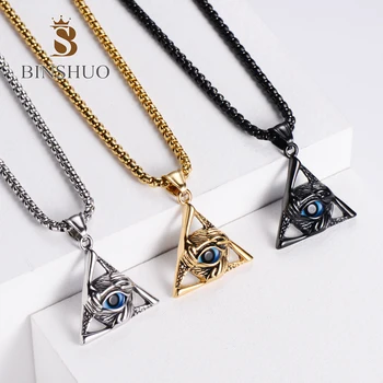High Quality Stainless Steel 18k Gold Plated Fashion Triangle Pendant Evil Blue Eyes Pendant Necklace Jewelry