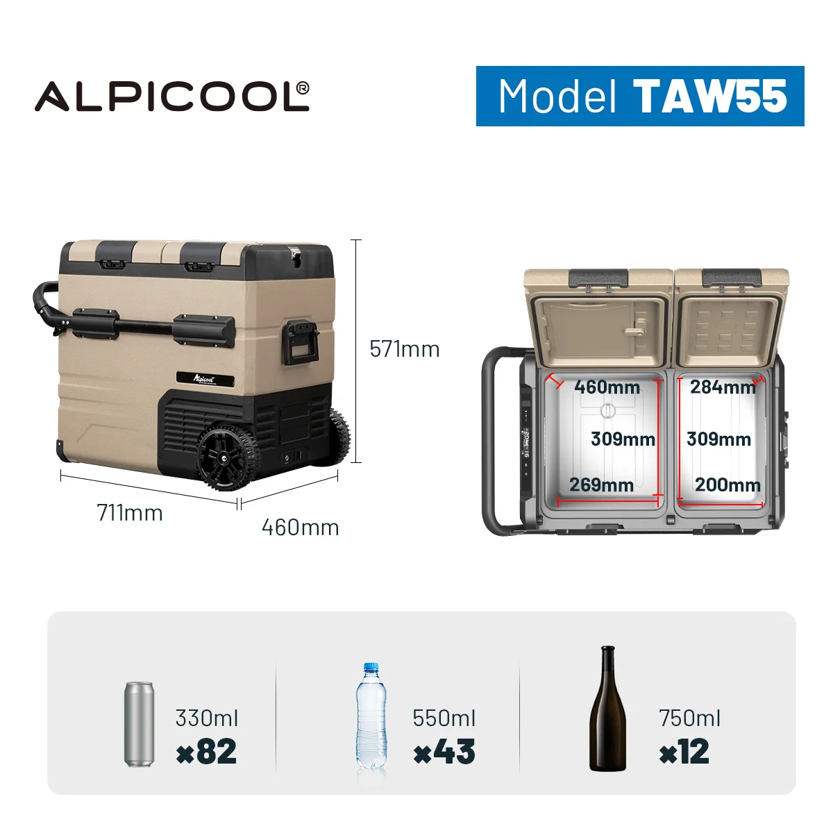 Alpicool TAW55 55L Portable Car Fridge Freezer - Dual Use Solar