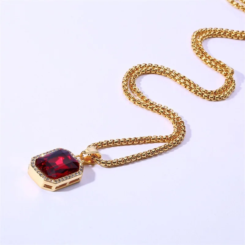 Garnet Stone Necklace Men Hiphop Jewelry Stainless Steel