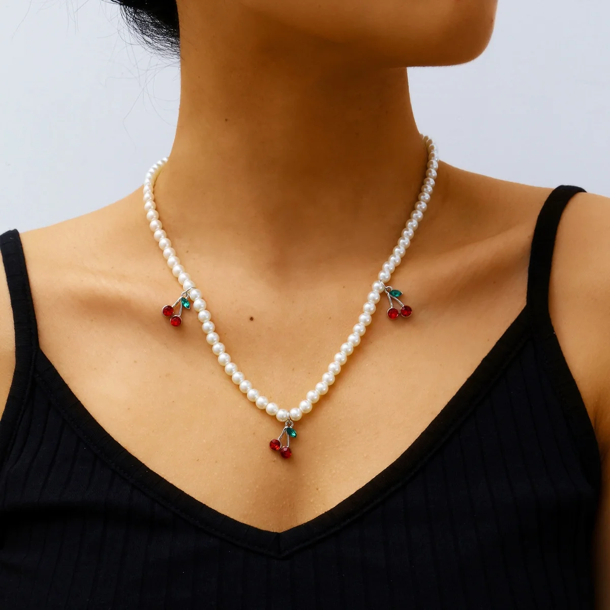 cute red crystal cherry charms clavicle necklace women girl